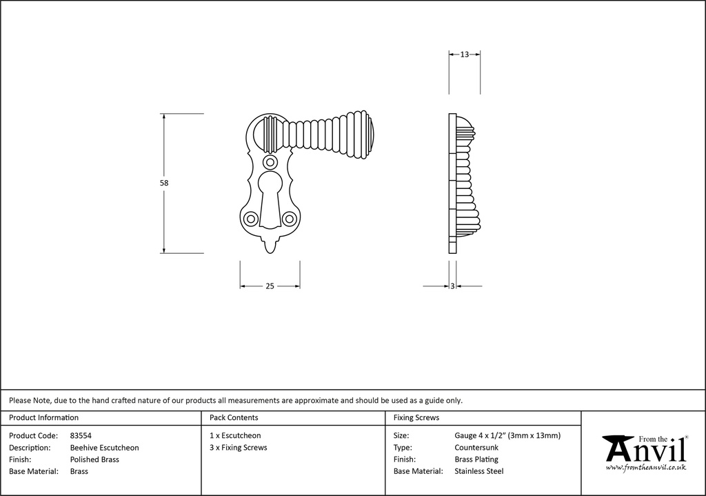 Polished Brass Beehive Escutcheon - 83554 - Technical Drawing
