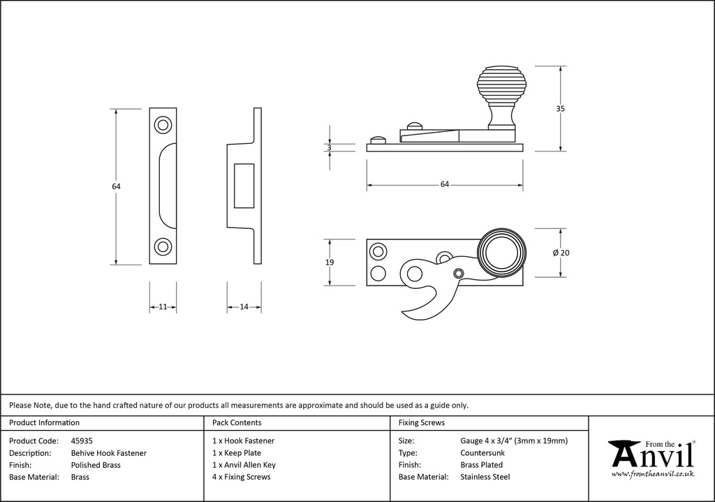 Polished Brass Beehive Sash Hook Fastener - 45935 - Technical Drawing