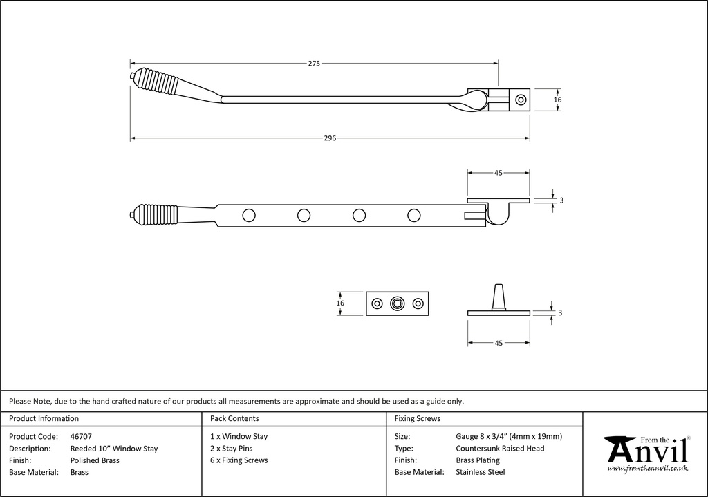 Polished Brass 10&quot; Reeded Stay - 46707 - Technical Drawing