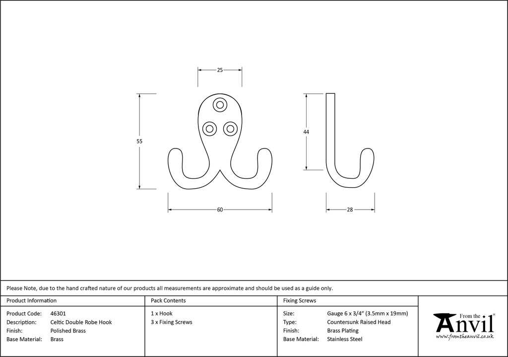 Polished Brass Celtic Double Robe Hook - 46301 - Technical Drawing