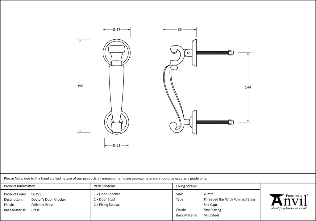 Polished Brass Doctors Door Knocker - 90251 - Technical Drawing