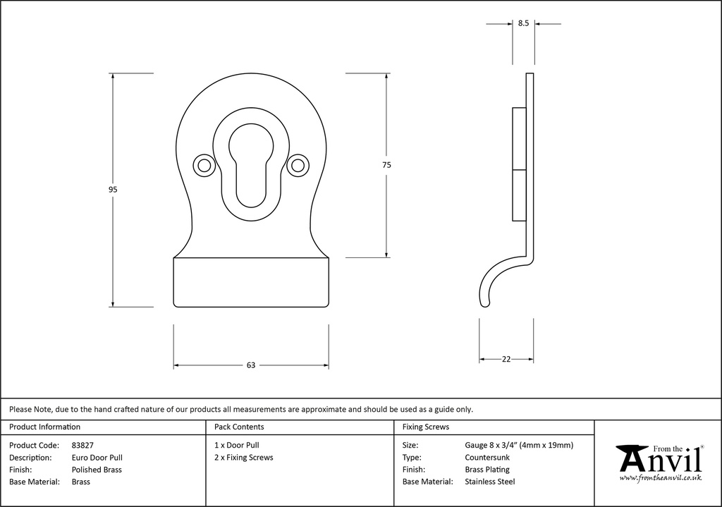Polished Brass Euro Door Pull - 83827 - Technical Drawing