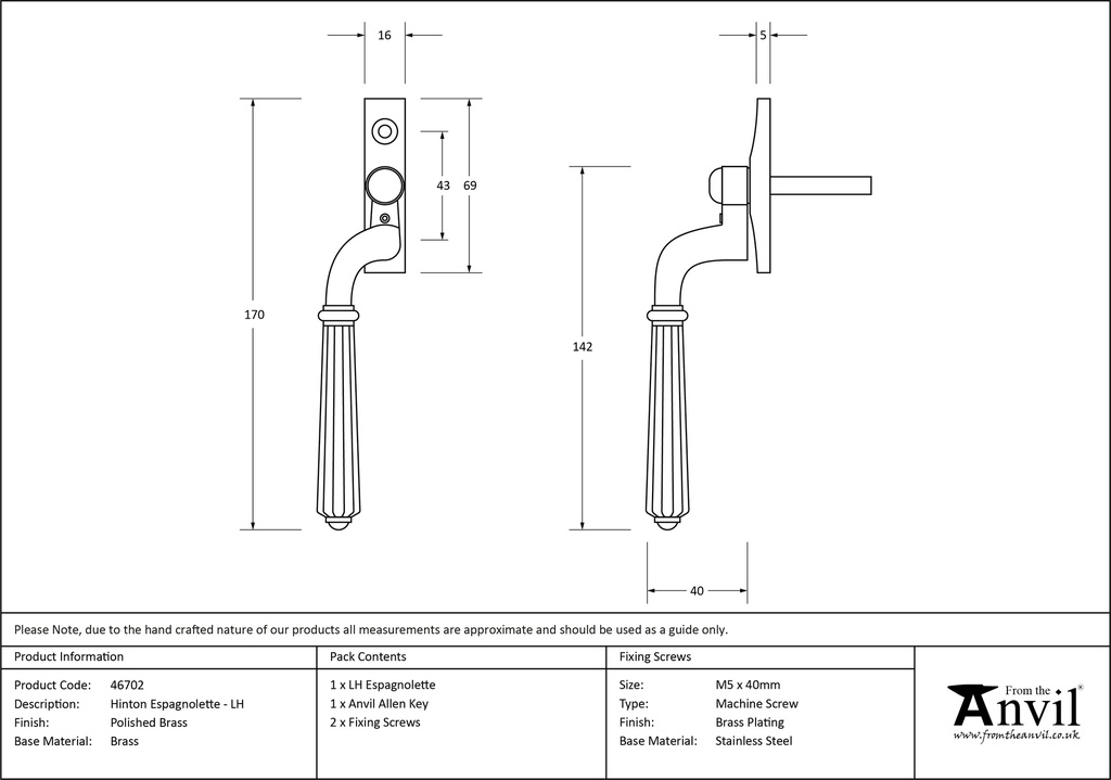 Polished Brass Hinton Espag - LH - 46702 - Technical Drawing