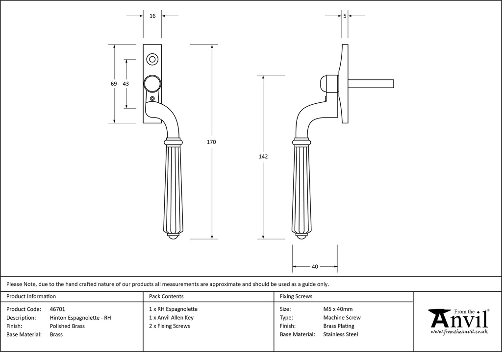 Polished Brass Hinton Espag - RH - 46701 - Technical Drawing