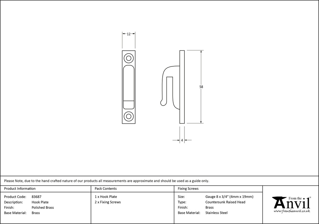 Polished Brass Hook Plate - 83687 - Technical Drawing