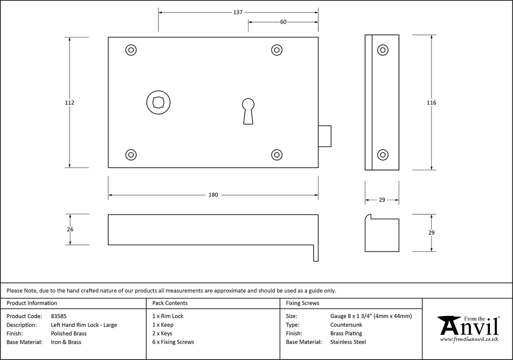 Polished Brass Left Hand Rim Lock - Large - 83585 - Technical Drawing