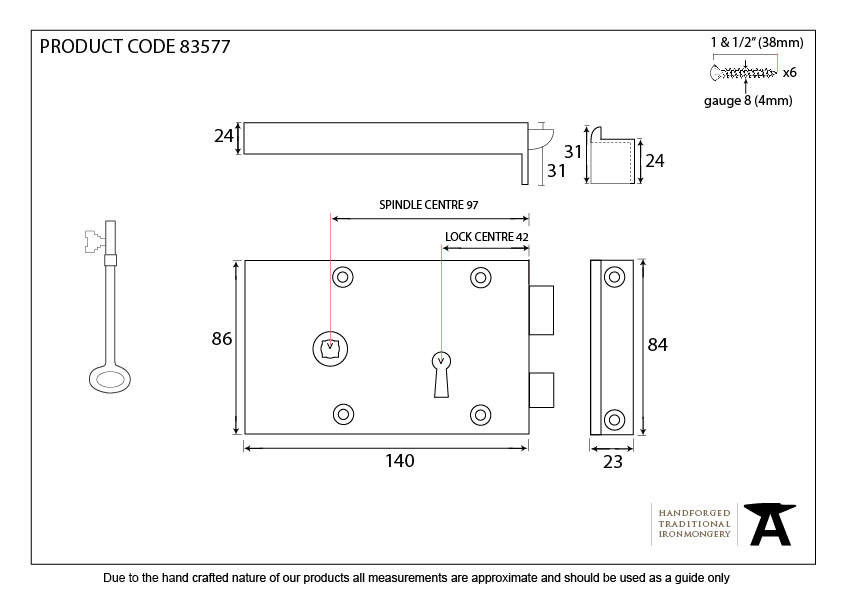 Polished Brass Left Hand Rim Lock - Small - 83577 - Technical Drawing