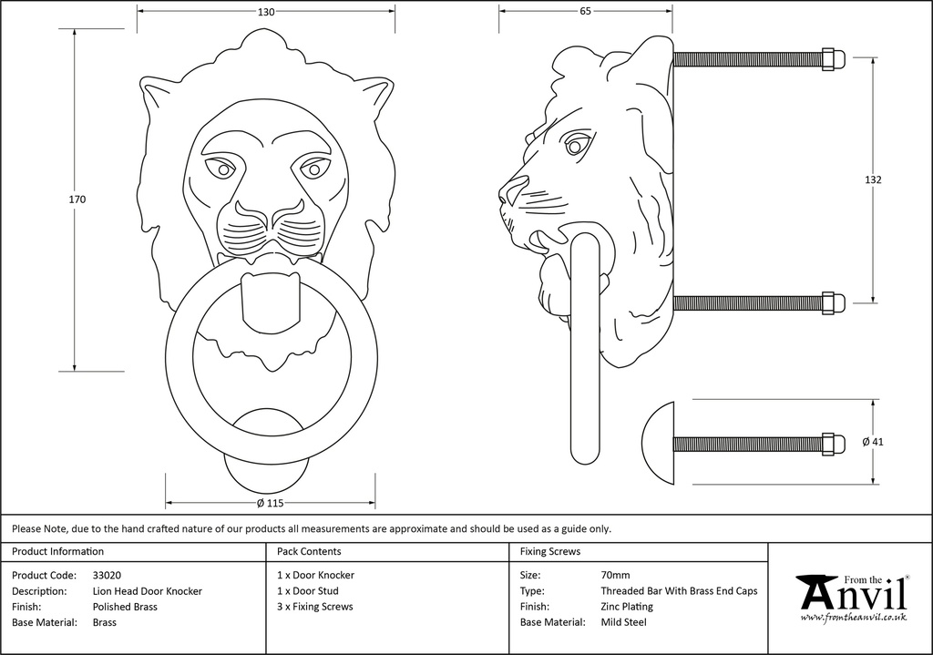 Polished Brass Lion Head Knocker - 33020 - Technical Drawing