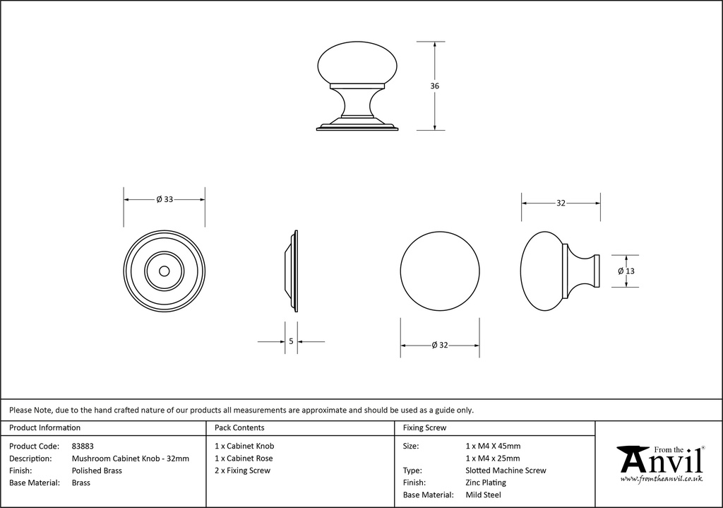 Polished Brass Mushroom Cabinet Knob 32mm - 83883 - Technical Drawing