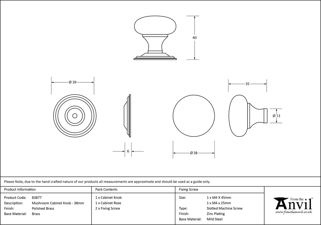 Polished Brass Mushroom Cabinet Knob 38mm - 83877 - Technical Drawing