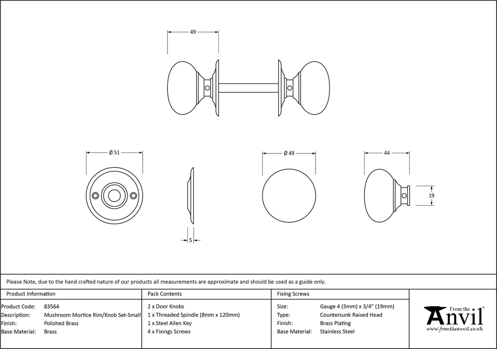 Polished Brass Mushroom Mortice/Rim Knob Set - 83564 - Technical Drawing