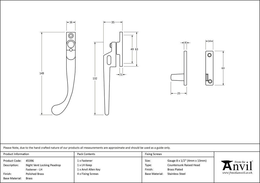 Polished Brass Night-Vent Locking Peardrop Fastener - LH - 45396 - Technical Drawing