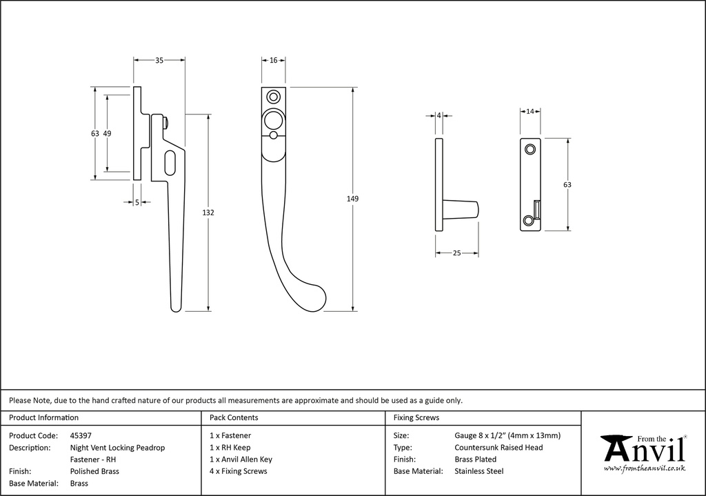 Polished Brass Night-Vent Locking Peardrop Fastener - RH - 45397 - Technical Drawing