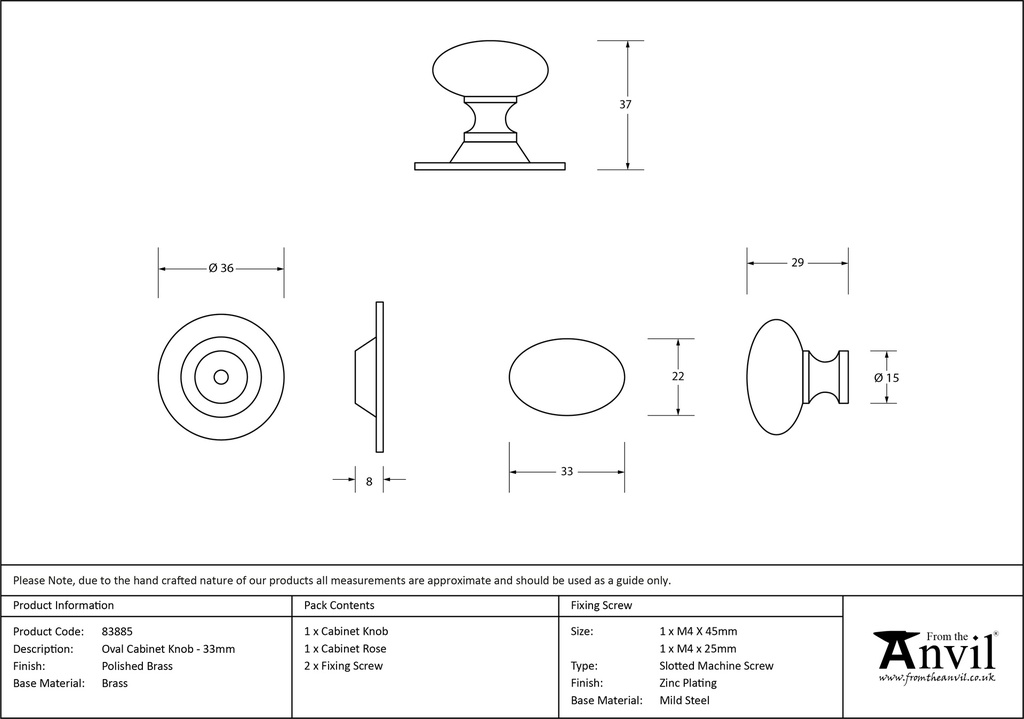 Polished Brass Oval Cabinet Knob 33mm - 83885 - Technical Drawing