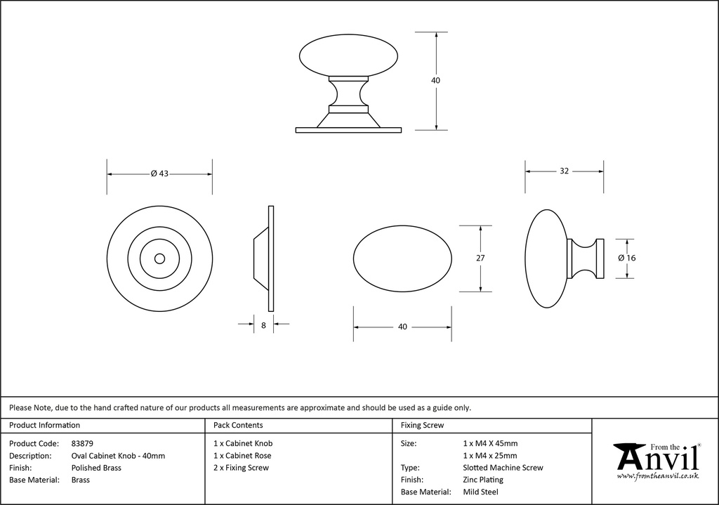 Polished Brass Oval Cabinet Knob 40mm - 83879 - Technical Drawing
