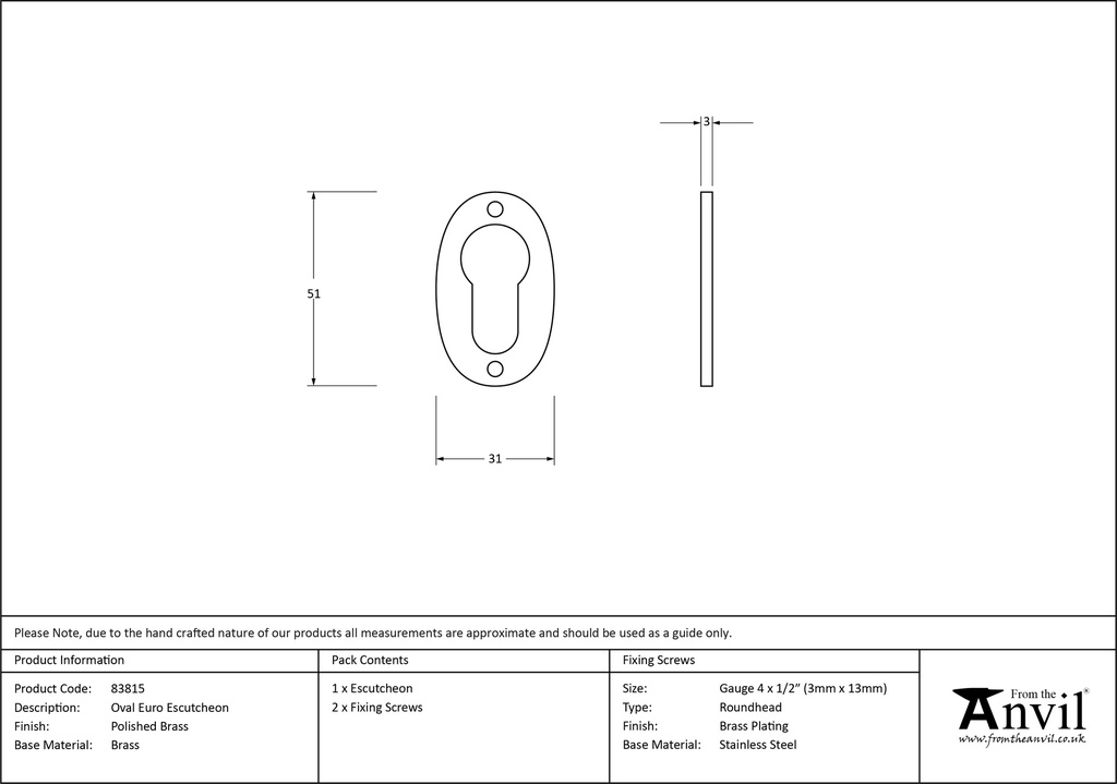 Polished Brass Oval Euro Escutcheon - 83815 - Technical Drawing