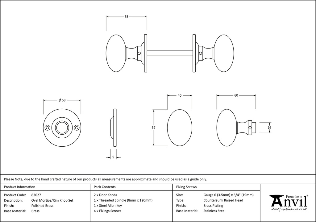 Polished Brass Oval Mortice/Rim Knob Set - 83627 - Technical Drawing