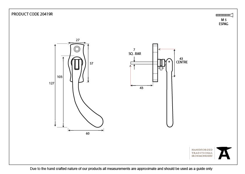 Polished Brass Peardrop Espag - RH - 20419R - Technical Drawing