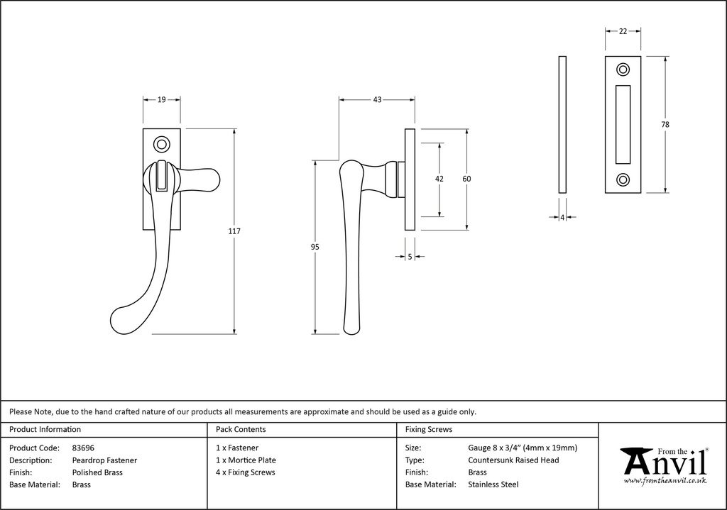 Polished Brass Peardrop Fastener - 83696 - Technical Drawing