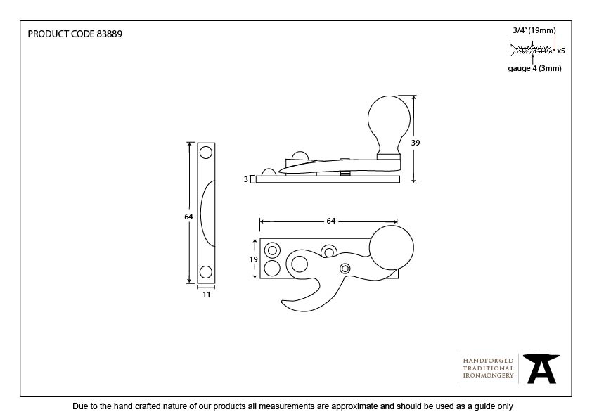 Polished Brass Prestbury Sash Hook Fastener - 83889 - Technical Drawing