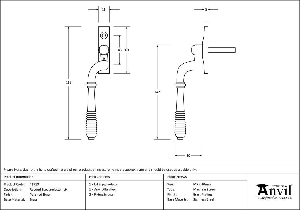 Polished Brass Reeded Espag - LH - 46710 - Technical Drawing