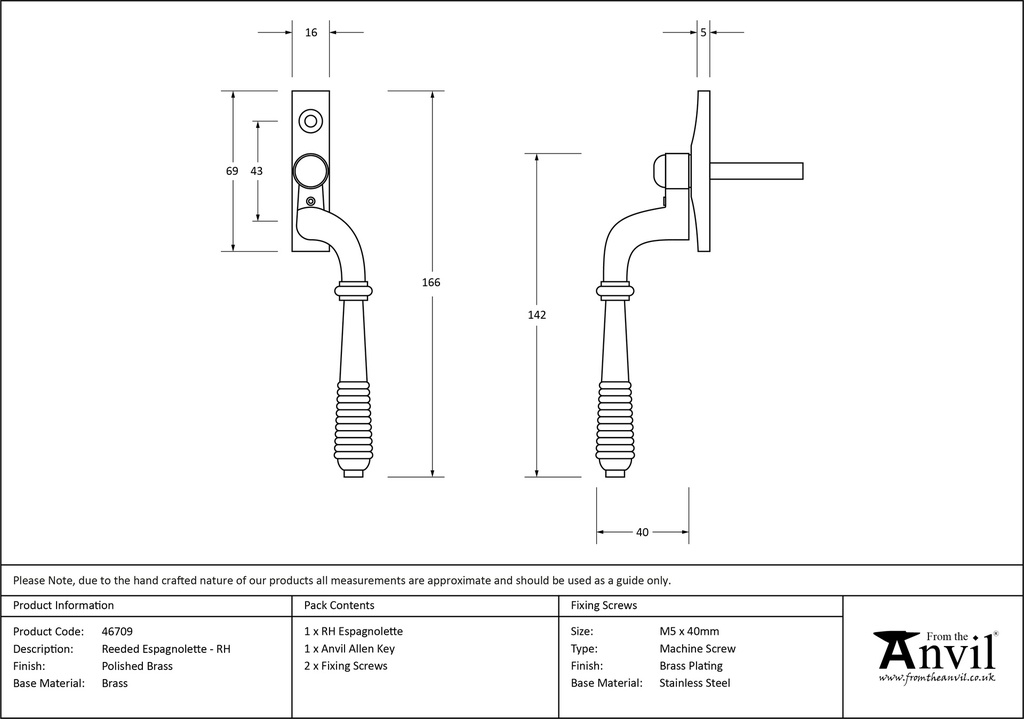 Polished Brass Reeded Espag - RH - 46709 - Technical Drawing