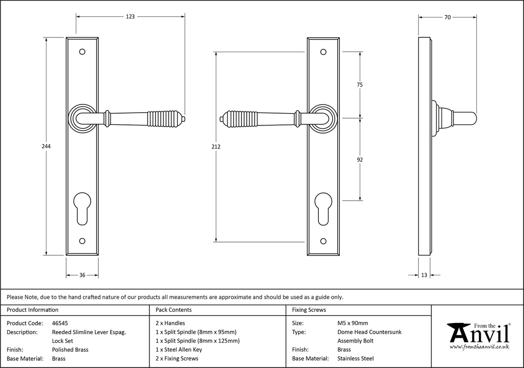 Polished Brass Reeded Slimline Lever Espag. Lock Set - 46545 - Technical Drawing