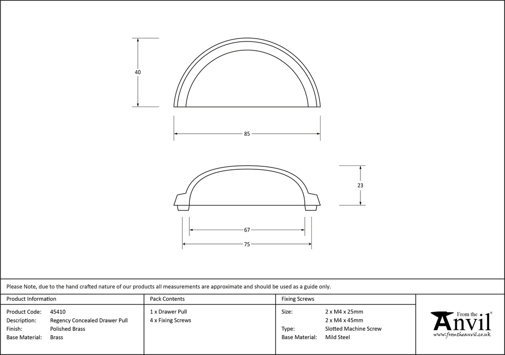 Polished Brass Regency Concealed Drawer Pull - 45410 - Technical Drawing