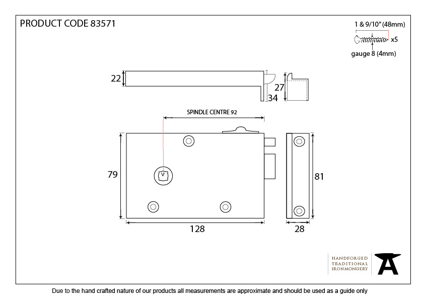 Polished Brass Right Hand Bathroom Latch - 83571 - Technical Drawing