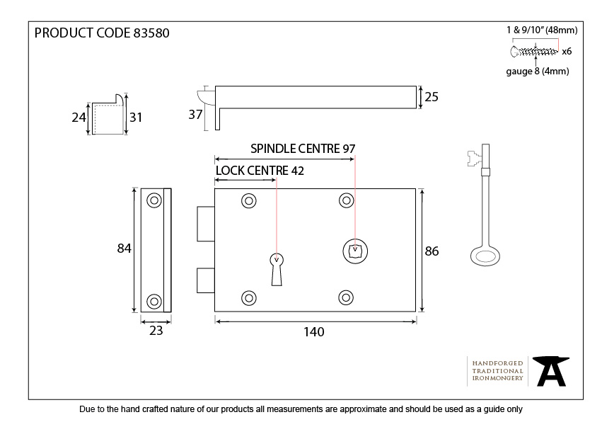 Polished Brass Right Hand Rim Lock - Small - 83580 - Technical Drawing
