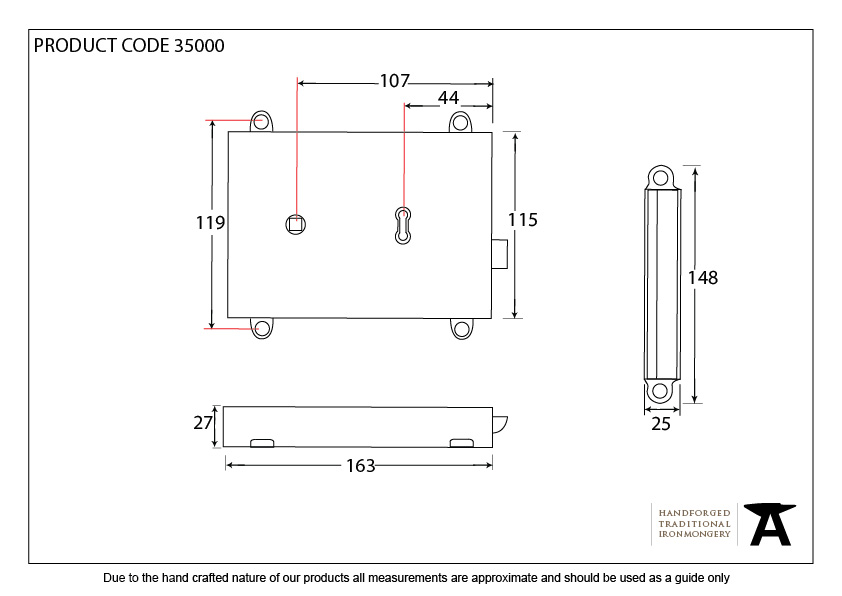 Polished Brass Rim Lock &amp; Cover - 35000 - Technical Drawing