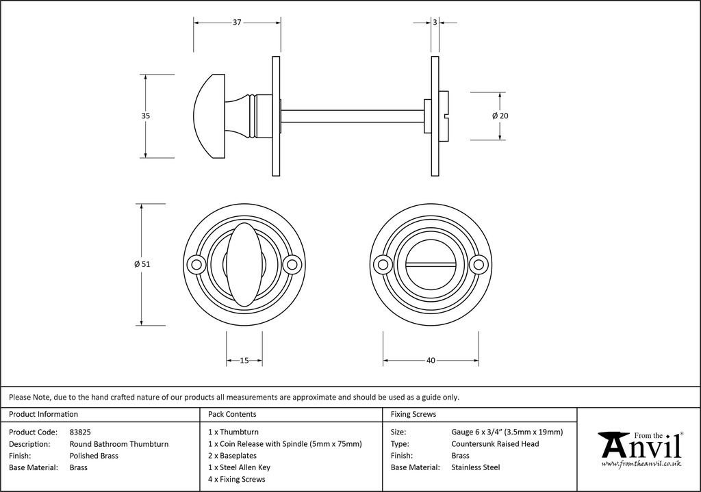 Polished Brass Round Bathroom Thumbturn - 83825 - Technical Drawing