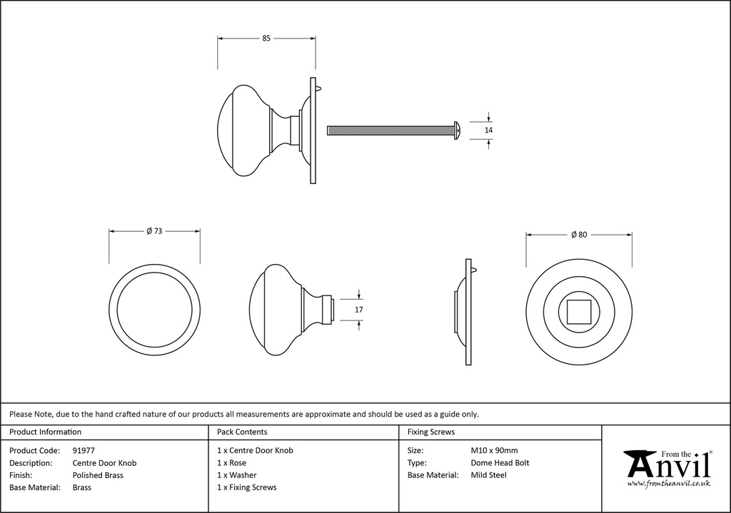 Polished Brass Round Centre Door Knob - 91977 - Technical Drawing