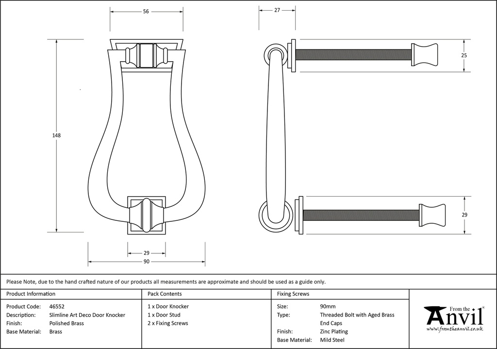 Polished Brass Slimline Art Deco Door Knocker - 46552 - Technical Drawing