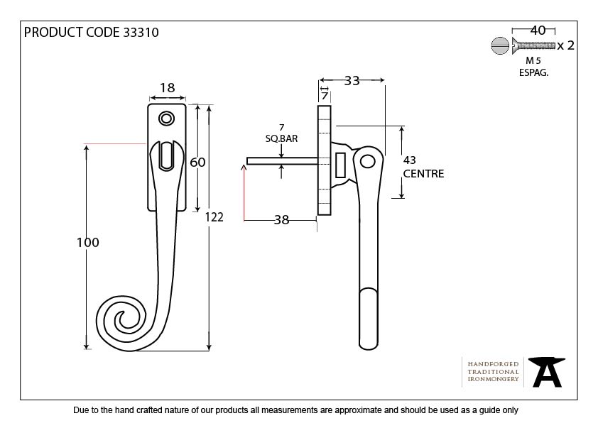 Polished Brass Slim Monkeytail Espag - LH - 33310 - Technical Drawing