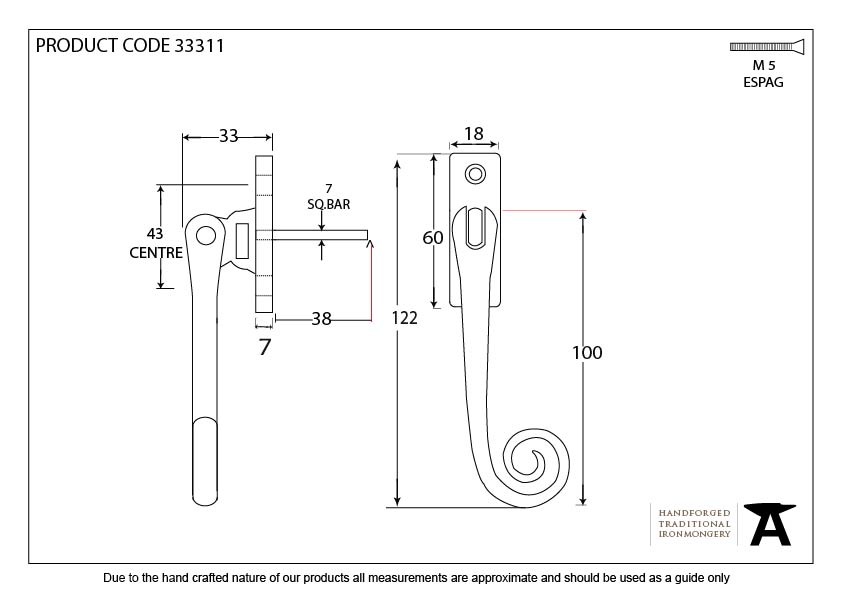 Polished Brass Slim Monkeytail Espag - RH - 33311 - Technical Drawing
