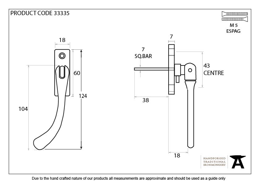 Polished Brass Slim Peardrop Espag - LH - 33335 - Technical Drawing