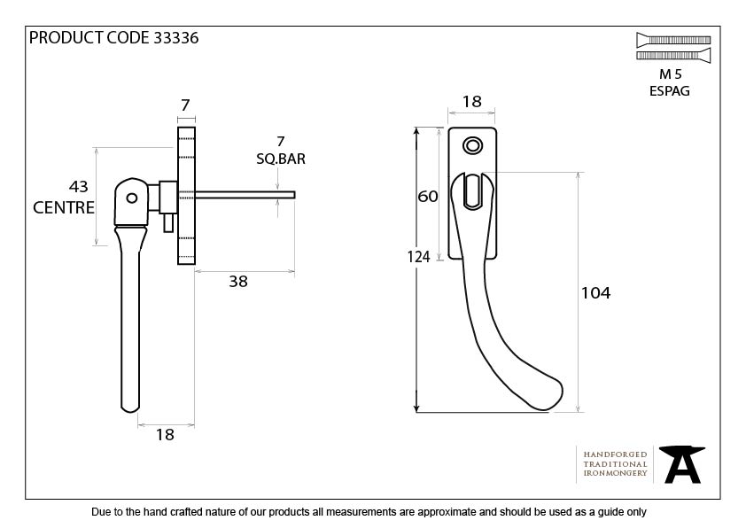 Polished Brass Slim Peardrop Espag - RH - 33336 - Technical Drawing