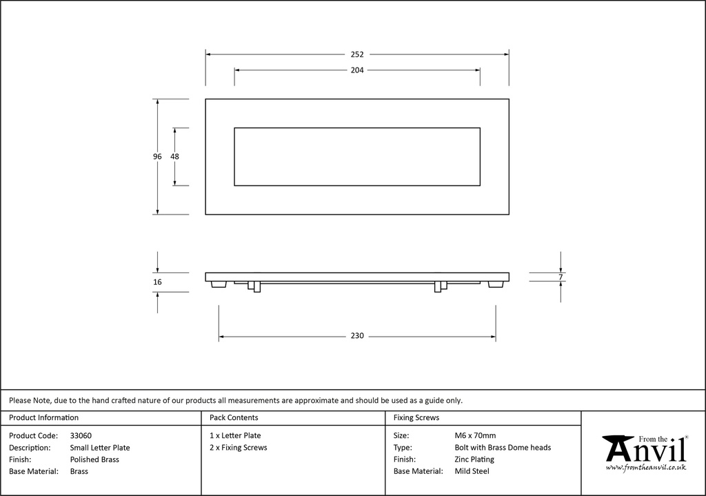 Polished Brass Small Letter Plate - 33060 - Technical Drawing