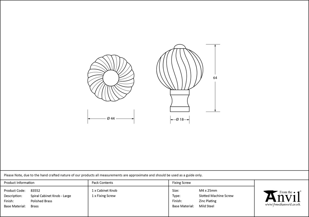 Polished Brass Spiral Cabinet Knob - Large - 83552 - Technical Drawing