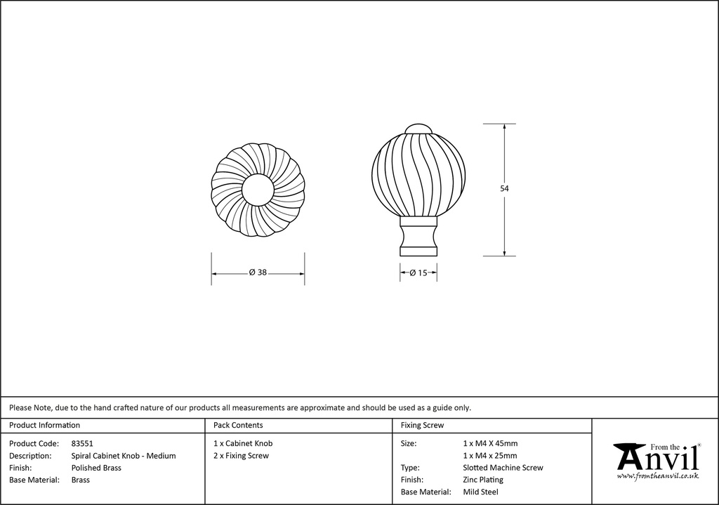 Polished Brass Spiral Cabinet Knob - Medium - 83551 - Technical Drawing