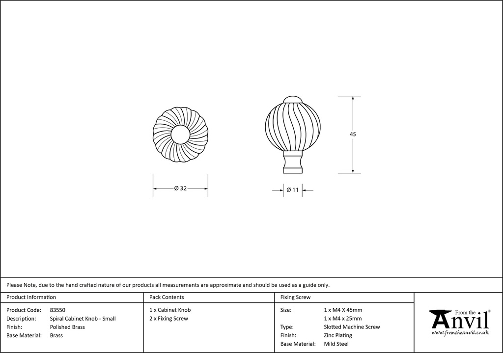 Polished Brass Spiral Cabinet Knob - Small - 83550 - Technical Drawing