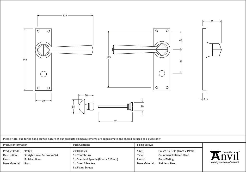 Polished Brass Straight Lever Bathroom Set - 91971 - Technical Drawing
