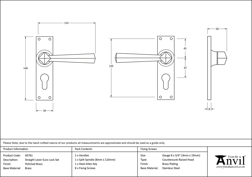 Polished Brass Straight Lever Euro Lock Set - 45761 - Technical Drawing