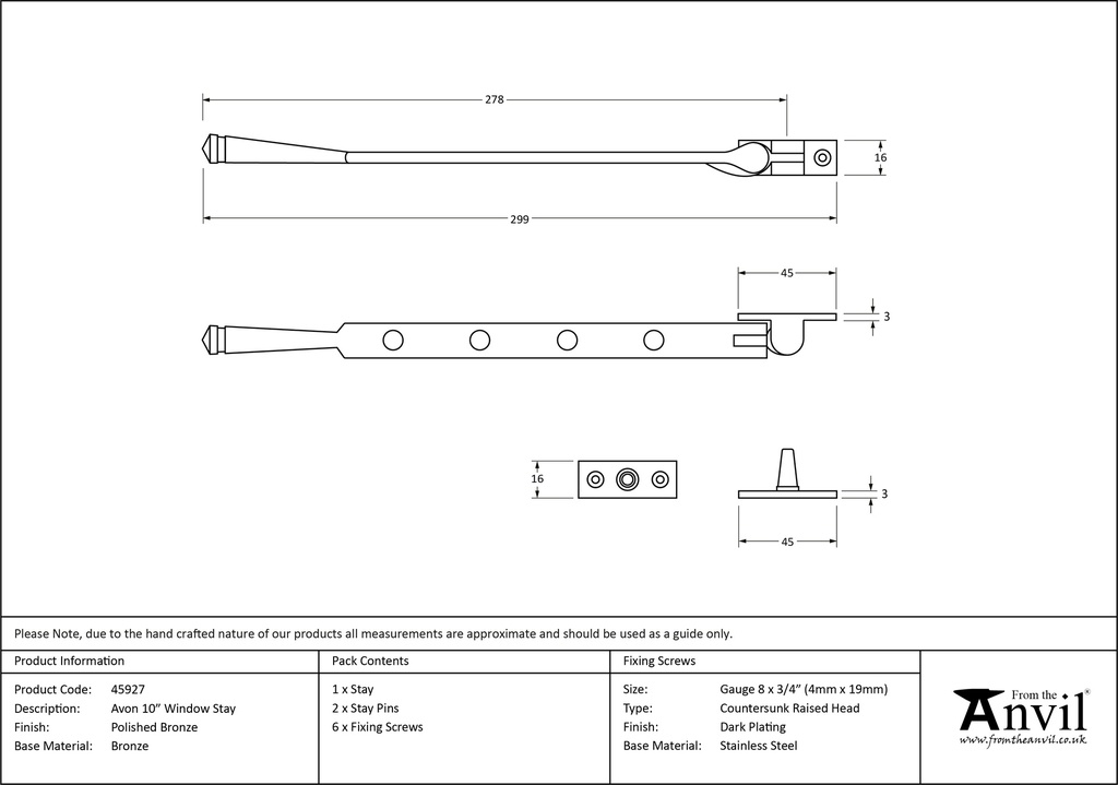 Polished Bronze 10&quot; Avon Stay - 45927 - Technical Drawing