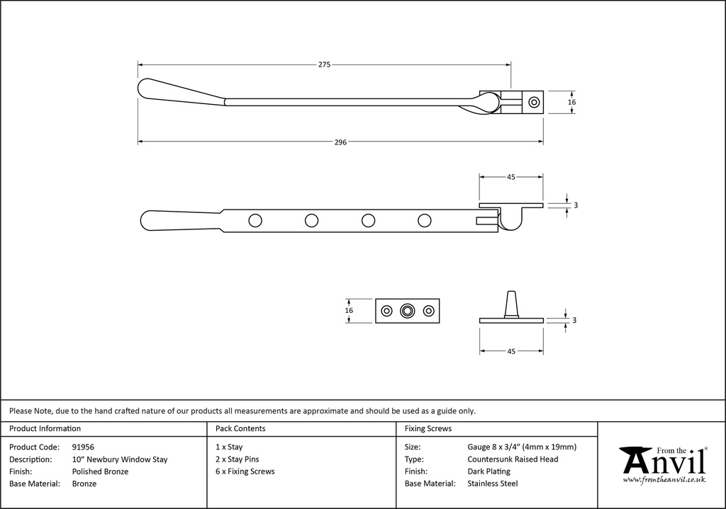 Polished Bronze 10&quot; Newbury Stay - 91956 - Technical Drawing