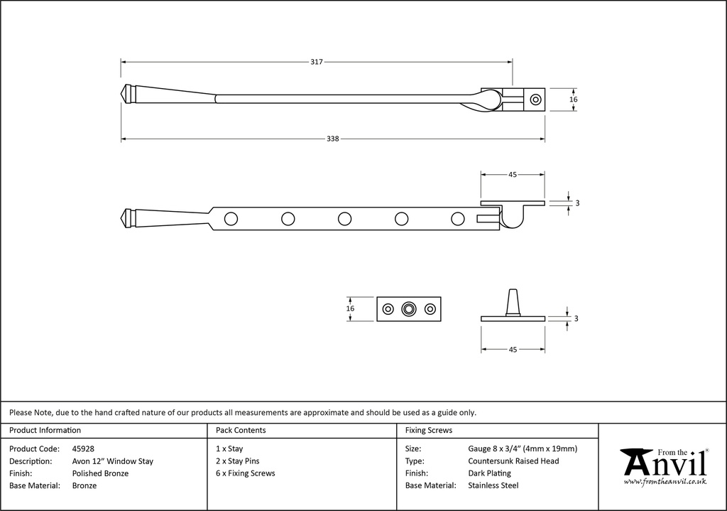 Polished Bronze 12&quot; Avon Stay - 45928 - Technical Drawing