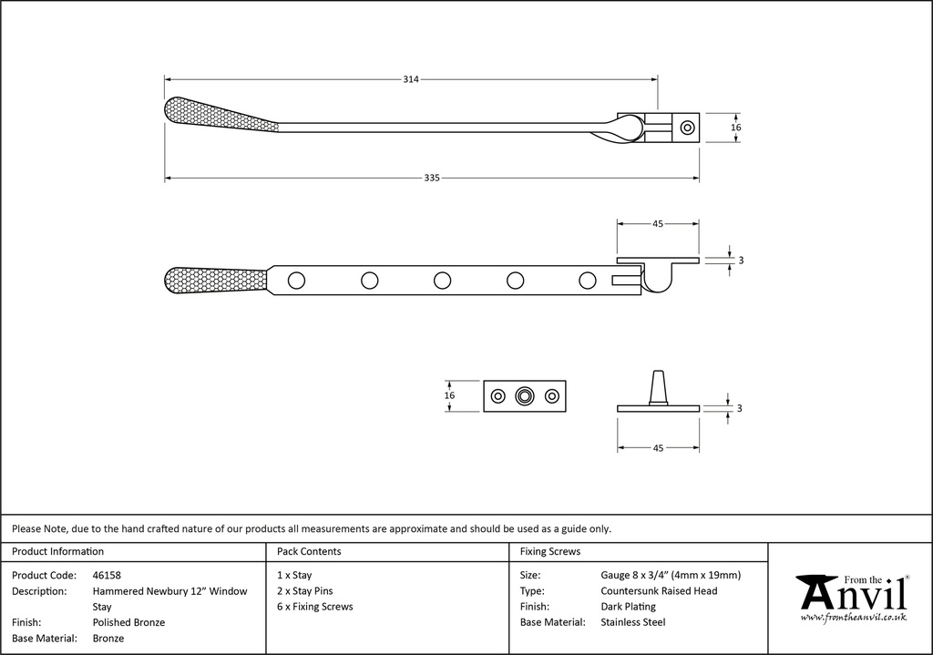 Polished Bronze 12&quot; Hammered Newbury Stay - 46158 - Technical Drawing