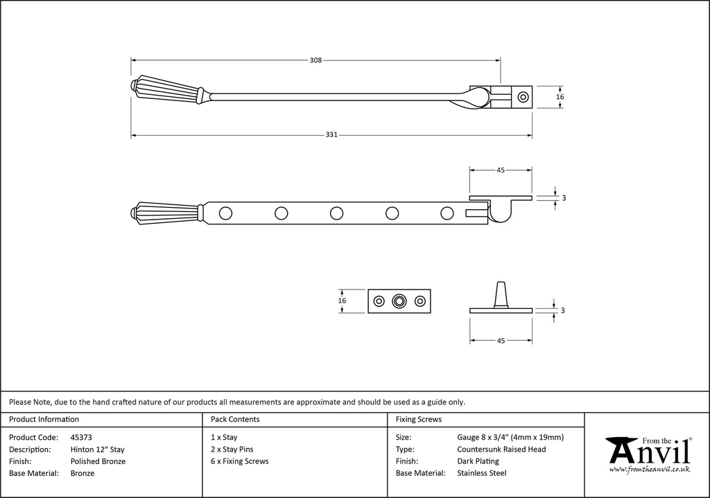 Polished Bronze 12&quot; Hinton Stay - 45373 - Technical Drawing