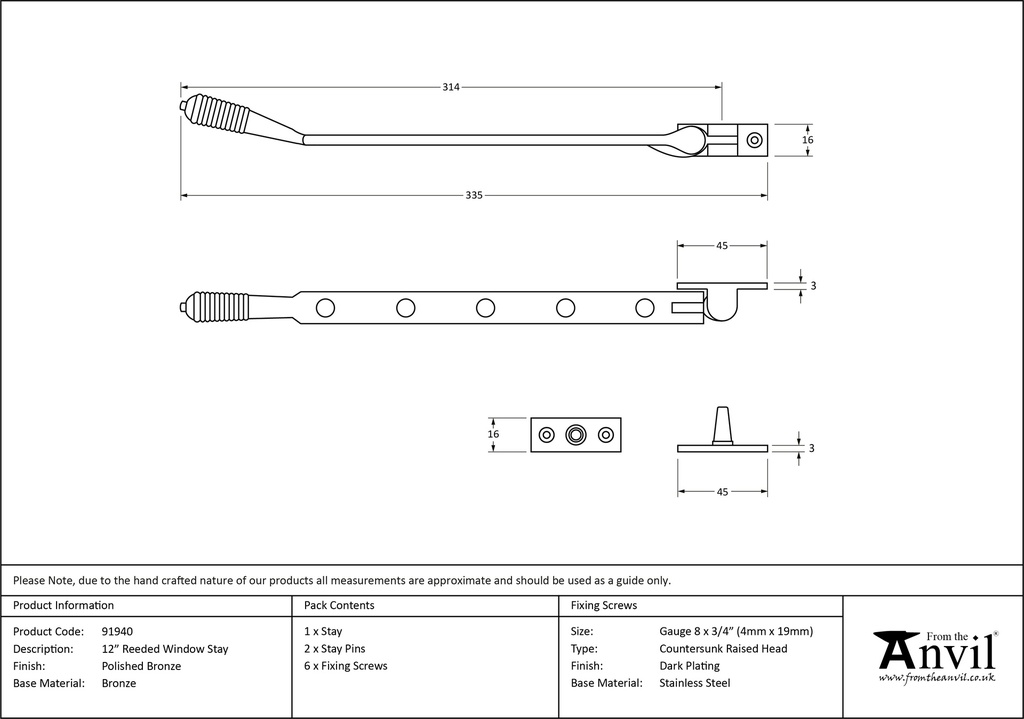 Polished Bronze 12&quot; Reeded Stay - 91940 - Technical Drawing